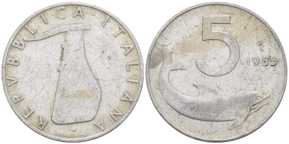 ИТАЛИЯ 5 ЛИР 1955 R, РУЛЬ, ДЕЛЬФИН KM 92 алюминий 175-126