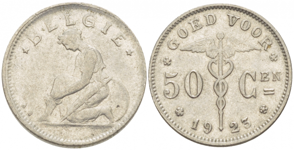 БЕЛЬГИЯ 50 САНТИМОВ 1923 BELGIE KM 88 никель 261-1655