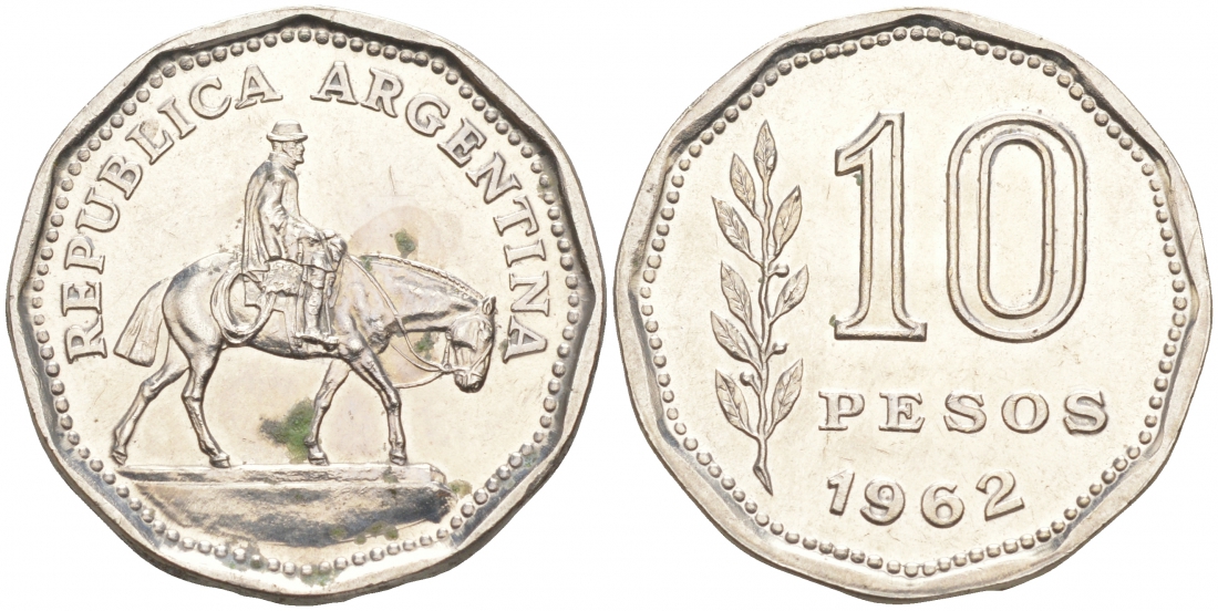 Аргентина 10 песо 1962 Гаучо KM 60 никелированная сталь UNC 68-557