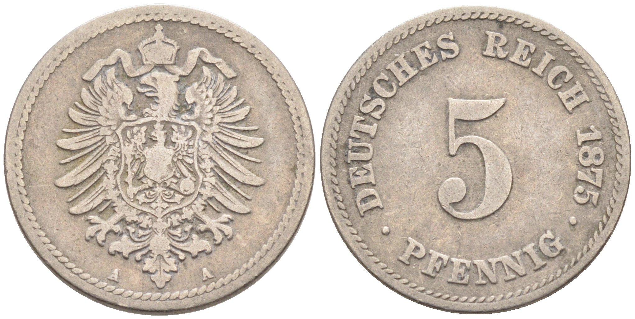 ГЕРМАНИЯ 5 ПФЕННИГОВ 1875 А, СТАРОГЕРБОВКА KM 3, J.3 медно-никель 4588-337