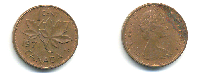 Канада 1 цент 1971 Елизавета II (1952-2022), кленовый лист KM 59.1 бронза 177-1338