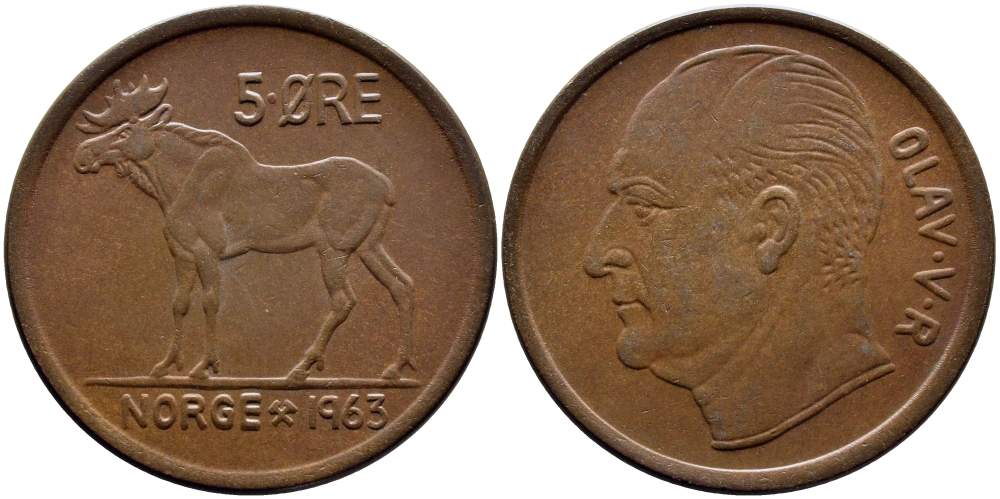 НОРВЕГИЯ 5 ЭРЕ 1963 ЛОСЬ KM 405 бронза 51-1546
