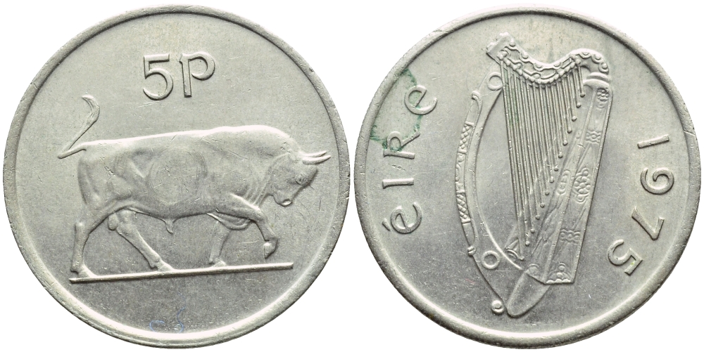 ИРЛАНДИЯ 5 ПЕНСОВ 1975 БЫК KM 22 медно-никель 4395-341