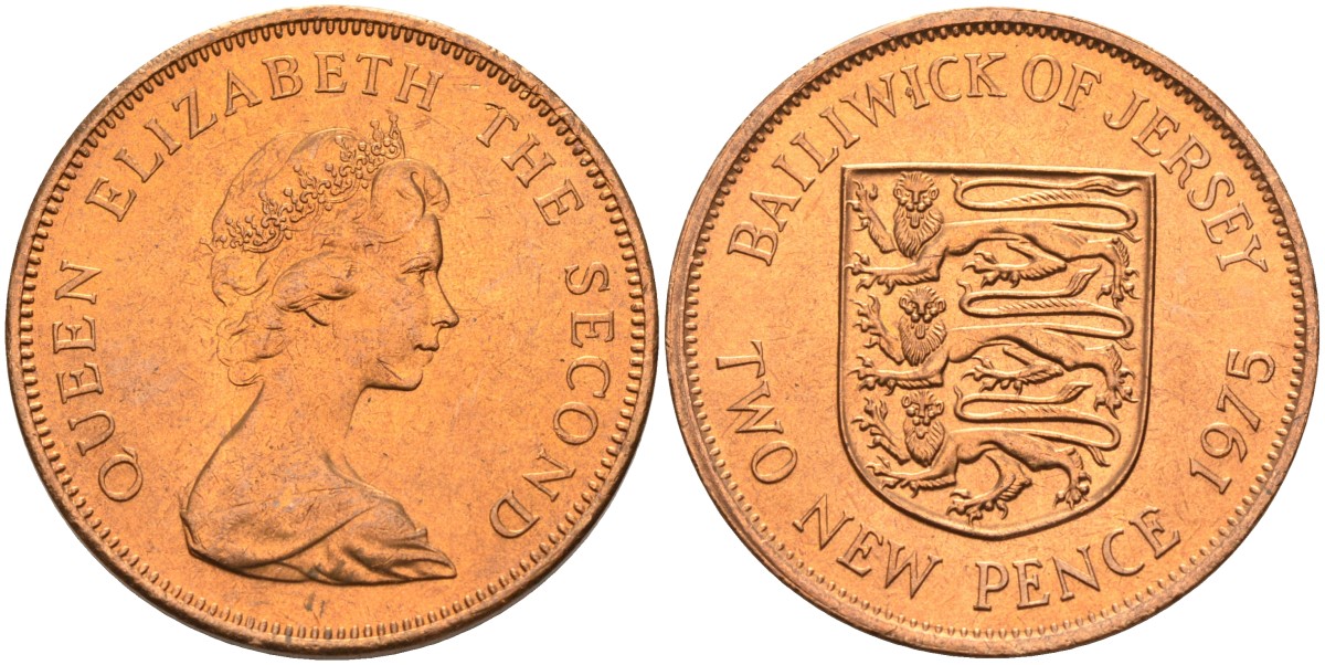 Джерси 2 пенса 1975 герб, Елизавета II (1952-2022) KM 31 бронза UNC 4367-436