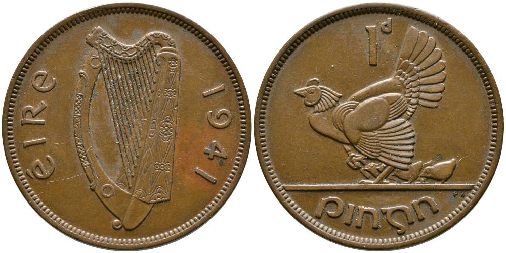 Ирландия 1 пенни 1941 курица с цыплятами KM 11 бронза 4531-626