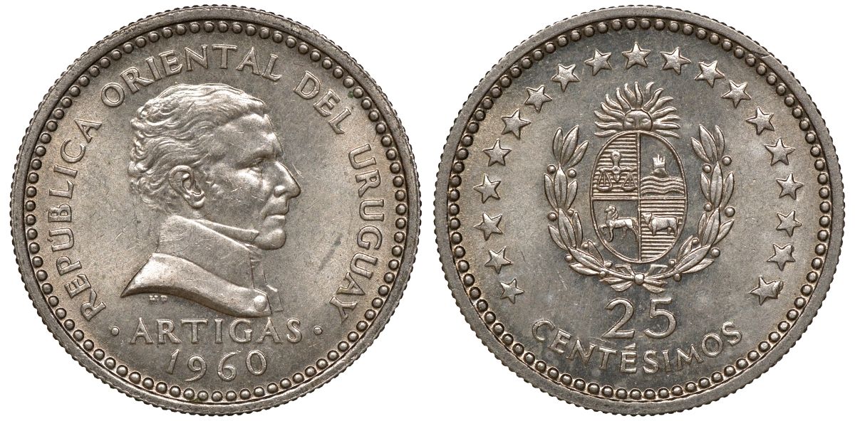 Уругвай 25 сентесимо 1960 KM 40 медно-никель 4169-927