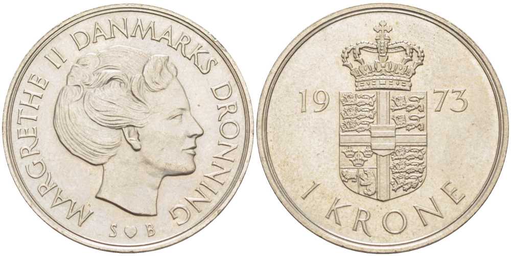 ДАНИЯ 1 КРОНА 1973 S;B, МАРГРЕТЕ II (1972-), RIM NARROW 0,7 мм. KM 862.1 медно-никель 202-825