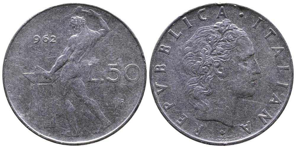 ИТАЛИЯ 50 ЛИР 1962 R, КУЗНЕЦ KM 95.1 сталь 3333-833
