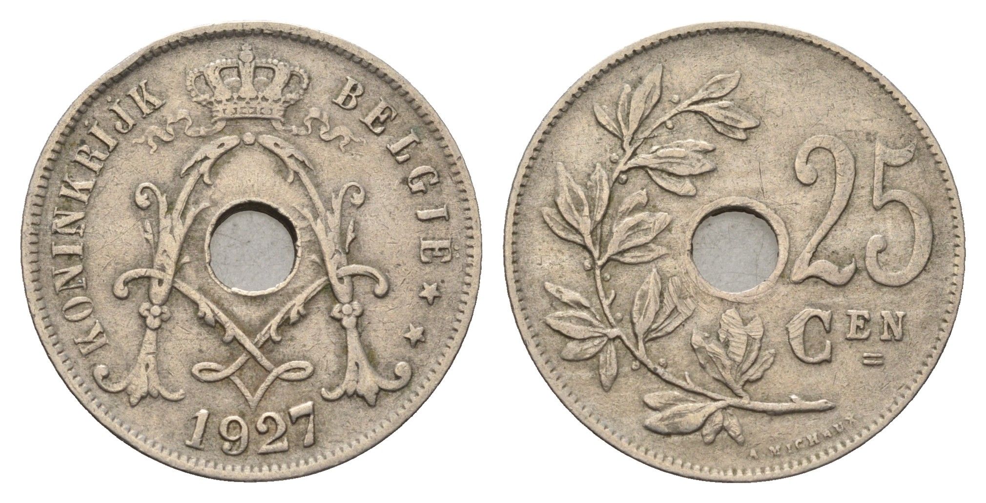 Бельгия 25 сантимов 1927 Belgie KM 69 медно-никель 4648-1134