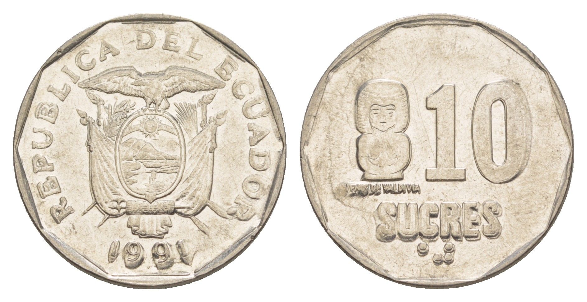 Эквадор 10 сукре 1991 ошибка - большая дата KM 92.2 сталь плакированная никелем 4641-715