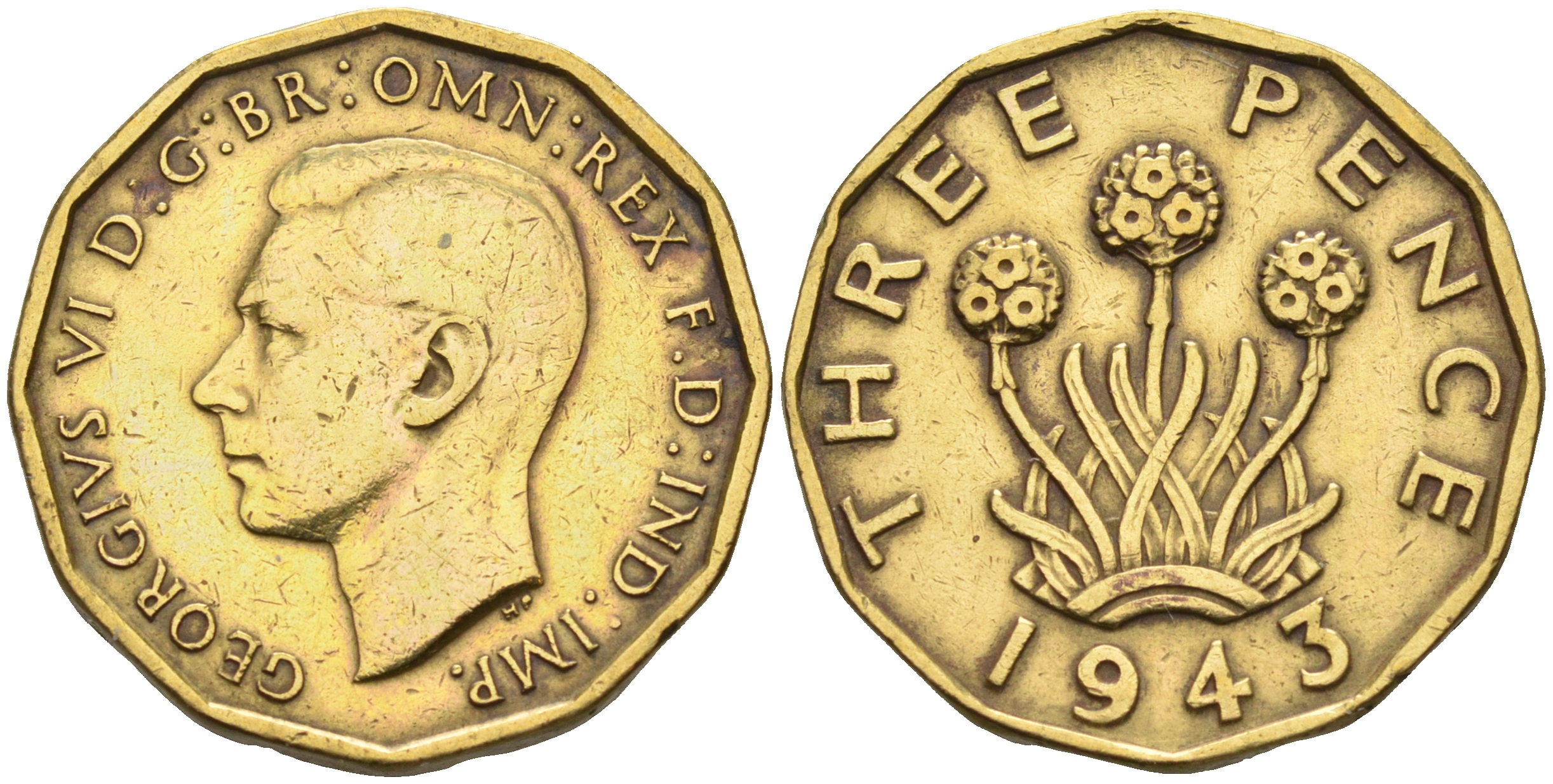 Великобритания 3 пенса 1943 Георг VI (1936-1952) KM 849, Spink 4112 никель латунь 4589-821