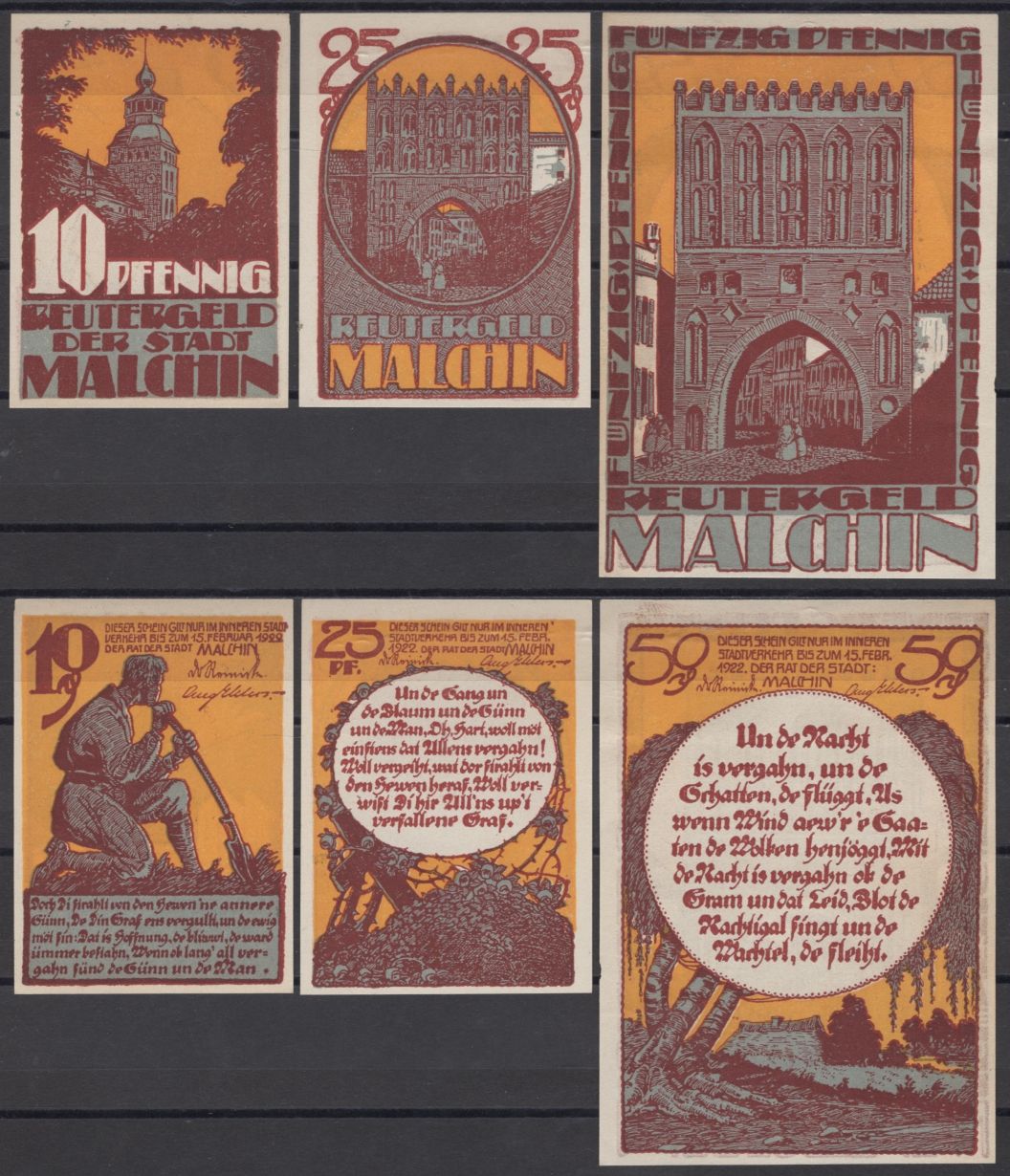 Мальхин полный набор из 3 нотгельдов (10, 25 и 50 пфеннигов) 1921 DeNG 2 862.1 бумага UNC (пресс) 7556-40-3-1