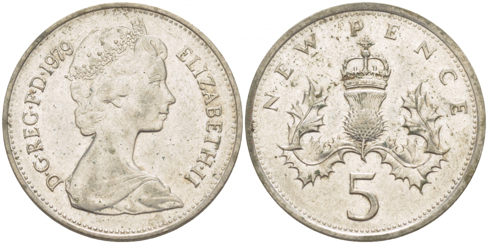 Великобритания 5 пенсов 1979 Елизавета II (1952-2022) KM 911, Spink 4233 (D1) медно-никель 77-212
