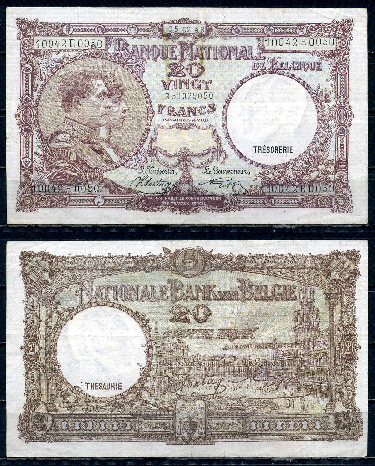 Бельгия 20 франков 1943 05.02.1943, Король Альберт I и его жена Королева Елизавета, Гран-Плас / Гроте Маркт, Брюссель Pick 111 (2) бумага 6301-34-3-1