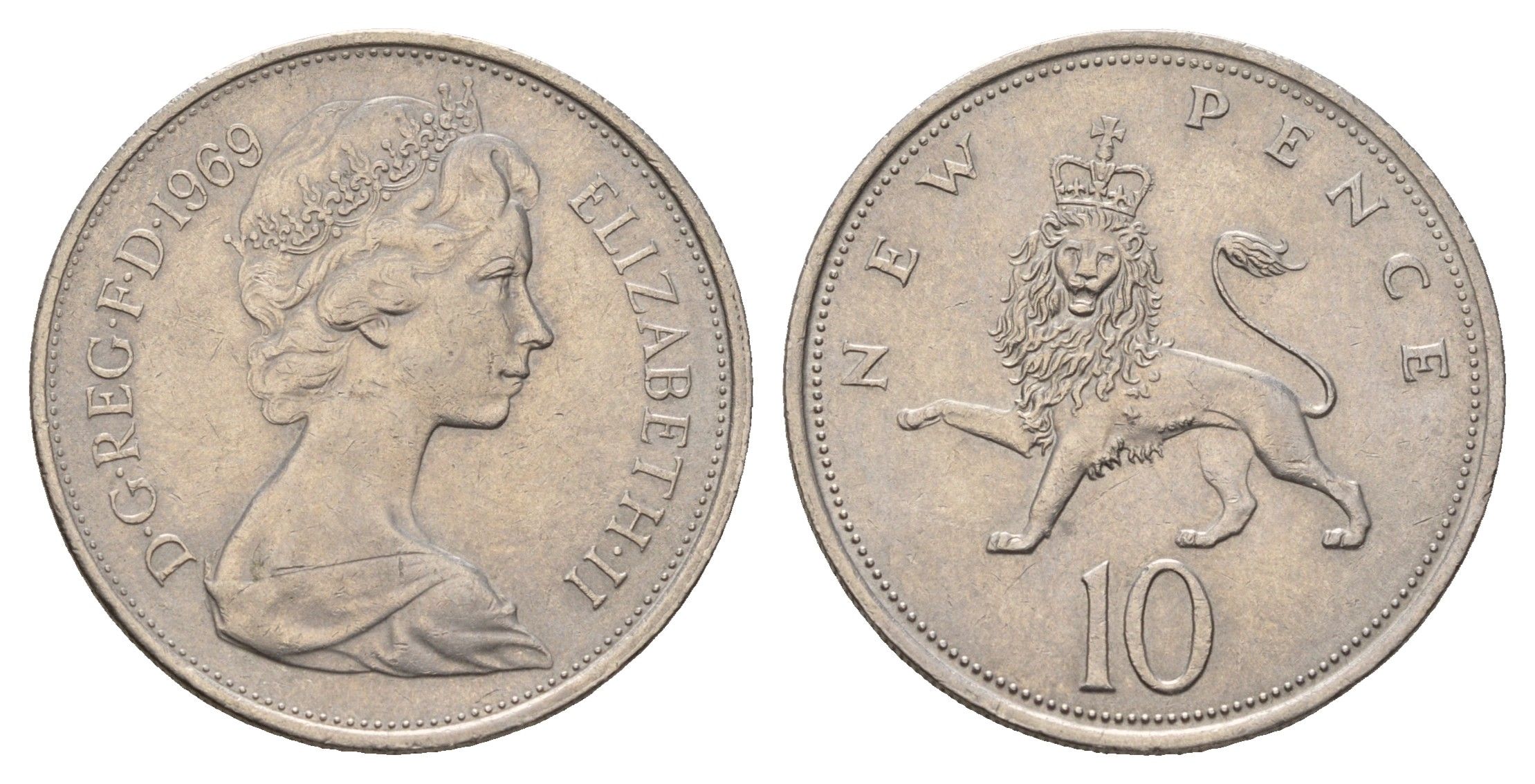 Великобритания 10 пенсов 1969 Елизавета II (1952-2022) KM 912, Spink 4231 (F1) медно-никель 4675-645