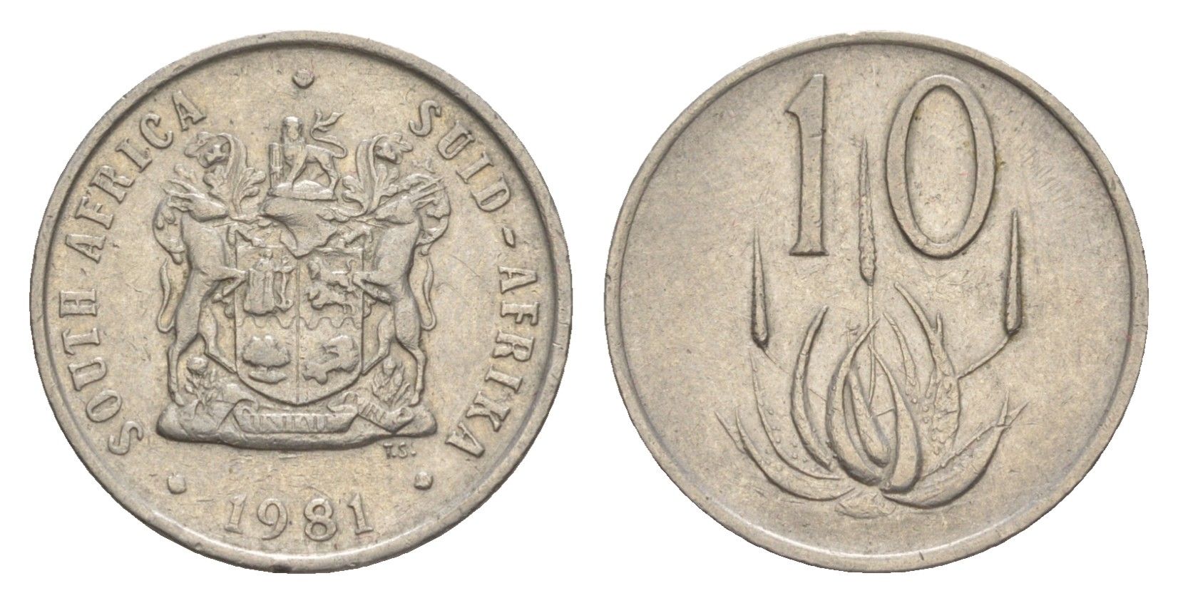 ЮАР 10 центов 1981 герб, цветок алоэ KM 85 никель 4621-863