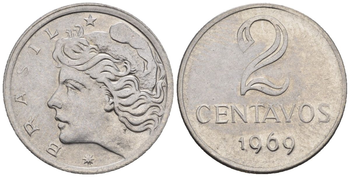 Бразилия 2 сентаво 1969  KM 576.2, Schon 81a нержавеющая сталь  aUNC  4609-931
