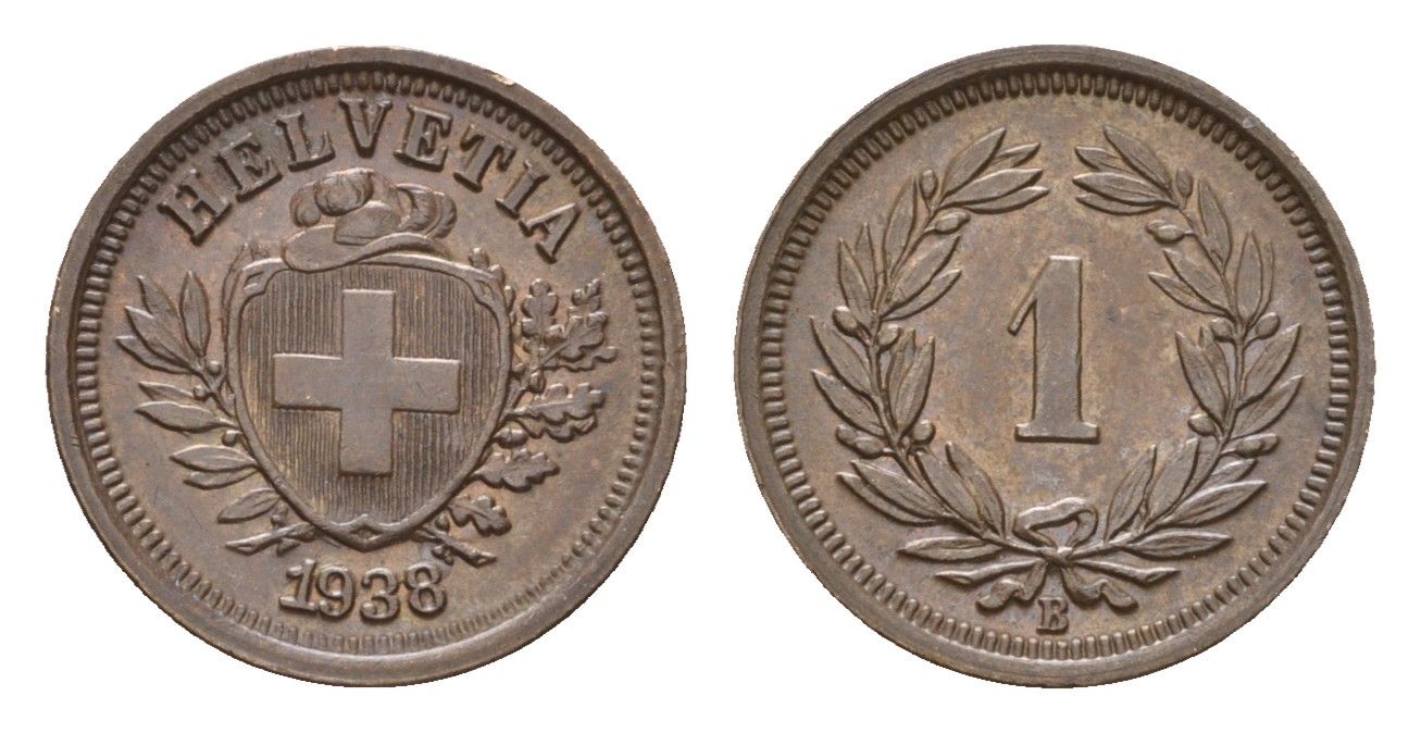 Швейцария 1 раппен 1938 B KM 3.2 бронза 46-632