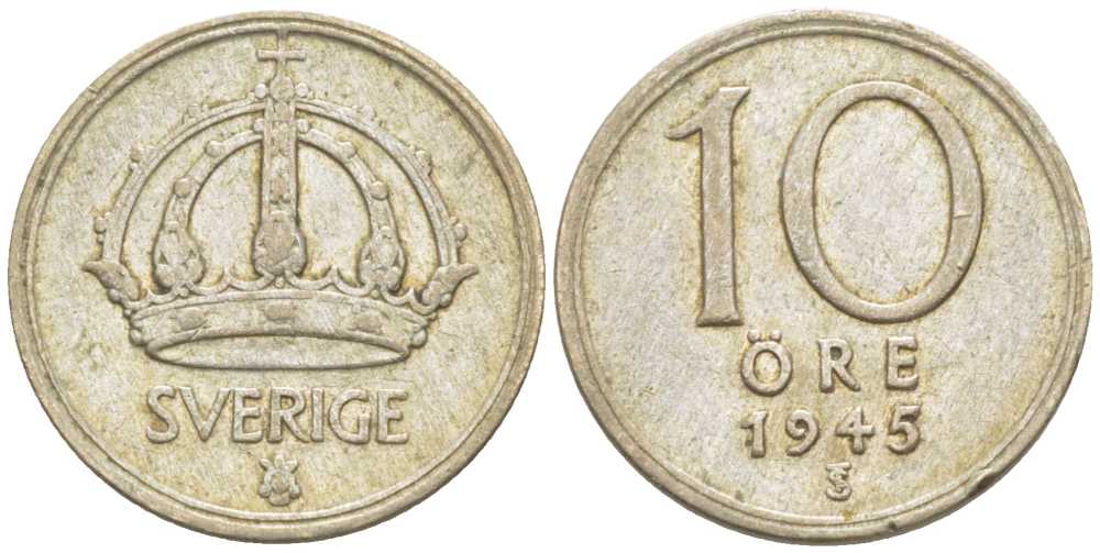 Швеция 10 эре 1945 TS, Густав V (1907-1950) KM 813 серебро 116-1163