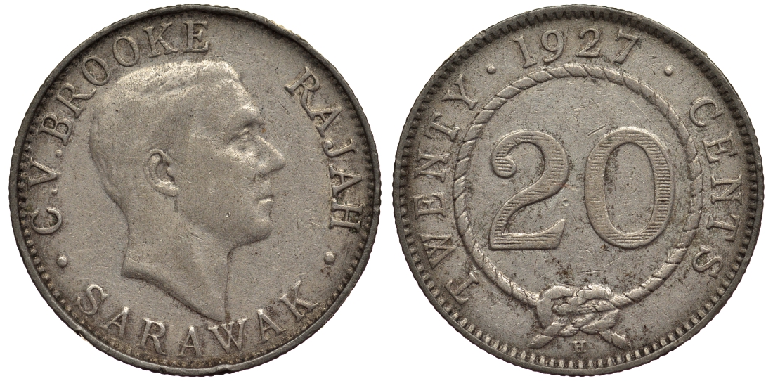 Саравак 20 центов 1927 Н, Третий Раджа Чарльз Вайнер Брук, Королевство Саравак (1846-1946) KM 17а серебро 1521-142