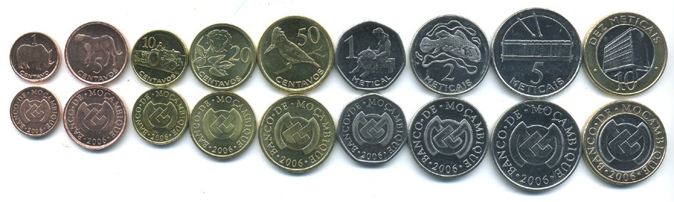 Мозамбик лот из 9 монет 2006 (1, 5, 10, 20, 50 сентаво, 1, 2, 5, 10 метикалей) KM 132, 133, 134, 135, 136, 137, 138, 139, 140 UNC M76-06
