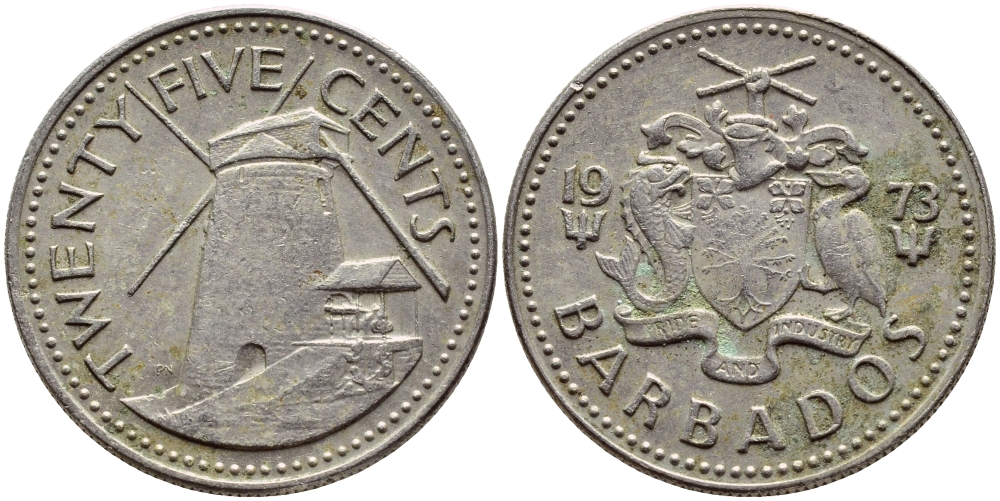 Барбадос 25 центов 1973 ветряная мельница Моргана Льюиса KM 13 медно-никель 4398-343
