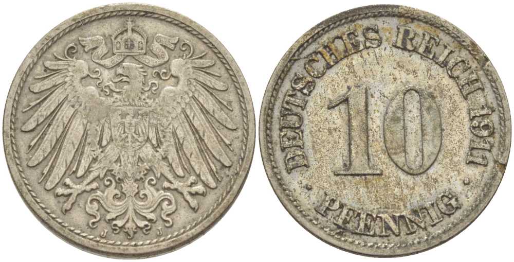 ГЕРМАНИЯ 10 ПФЕННИГОВ 1911 J KM 12, J. 13, Weege 8 медно-никель 212-141