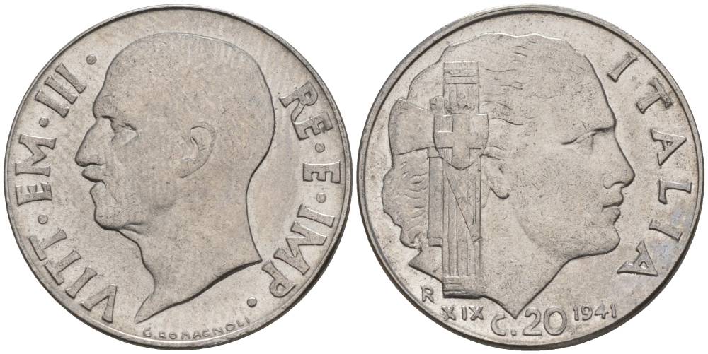 ИТАЛИЯ 20 ЧЕНТЕЗИМО 1941 R, ГОД XIX, ВИКТОР ЭММАНУИЛ III (1900-1946) KM 75b, VEM3. 1028 нержавеющая сталь 3853-546
