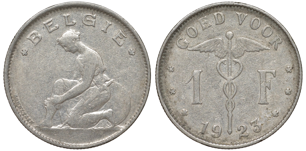 Бельгия 1 франк 1923 Belgie, Альберт I (1909-1934) KM 90 никель 51-657