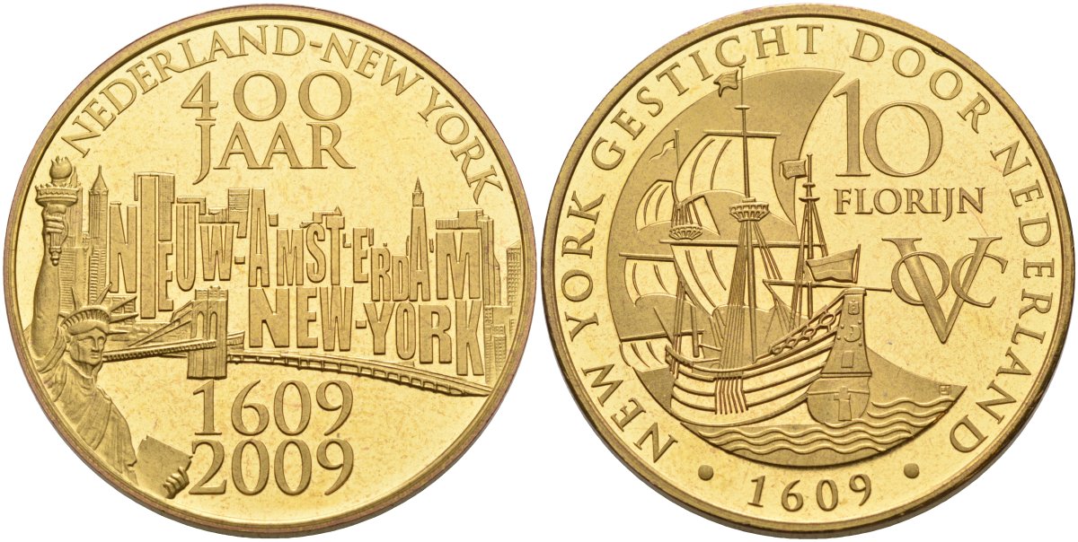 Нидерланды медаль, 10 флоринов 2009 Восточно-Индийская компания, 400 лет открытия Нью- Йорка, диаметр 35 мм., позолота бронза PROOFLIKE 4558-735