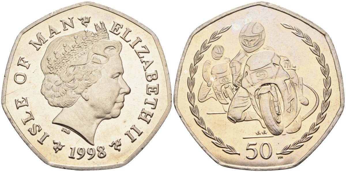 Остров Мэн 50 пенсов 1998 PM, АА, мотогонки, Елизавета II (1952), редкая KM 905 медно-никель BUNC 603-1024
