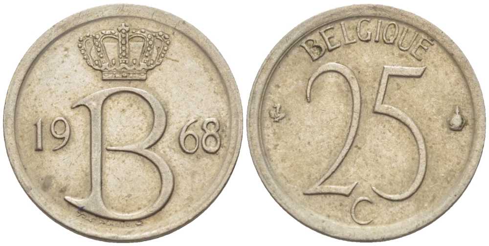 Бельгия 25 сантимов 1968 Belgique, Бодуэн I (1951-1993) KM 153.1 медно-никель 4387-1161