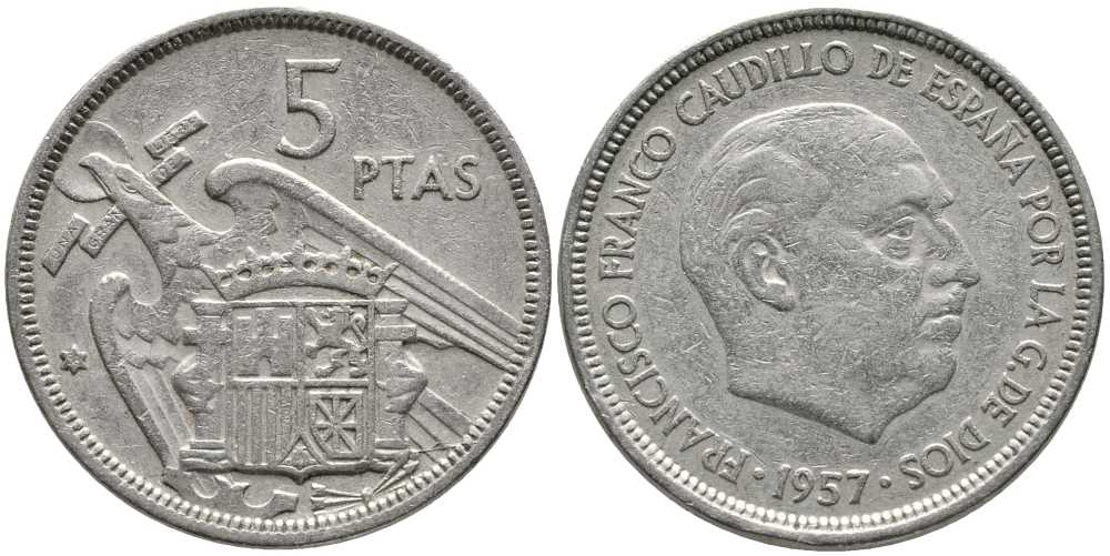 ИСПАНИЯ 5 ПЕСЕТ 1957 (58) ФРАНСИСКО ФРАНКО ДИКТАТОР ИСПАНИИ (1939-1975) KM 786 медно-никель 110-945