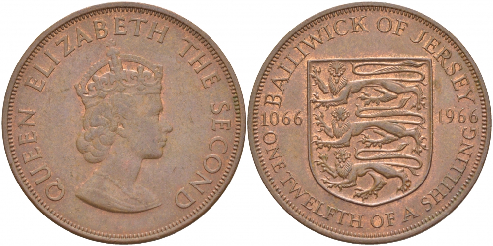 Джерси 1/12 шиллинга 1966 900 лет Нормандскому завоеванию KM 26 бронза UNC 4545-332