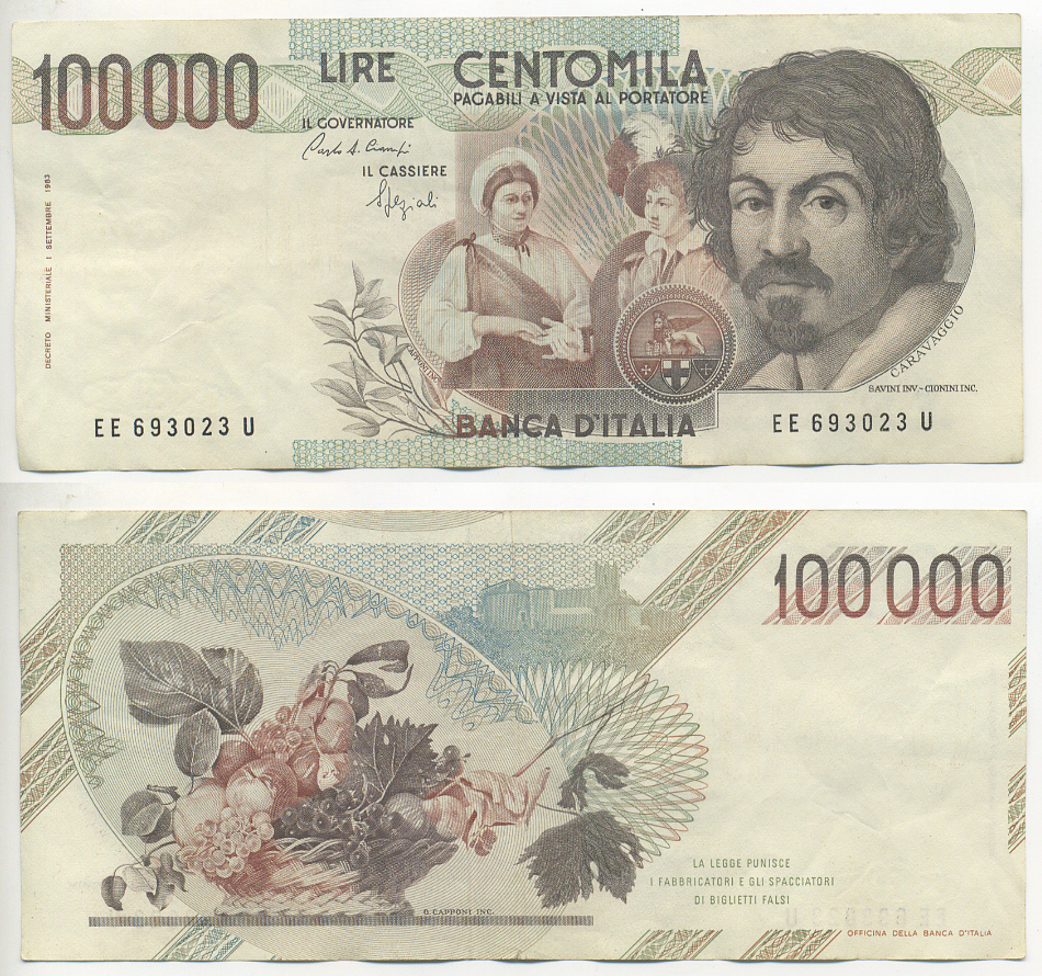 Италия 100000 лир 1983 Караваджо, фруктовый букет, подпись Stevani Pick 110а бумага 7220-7-1