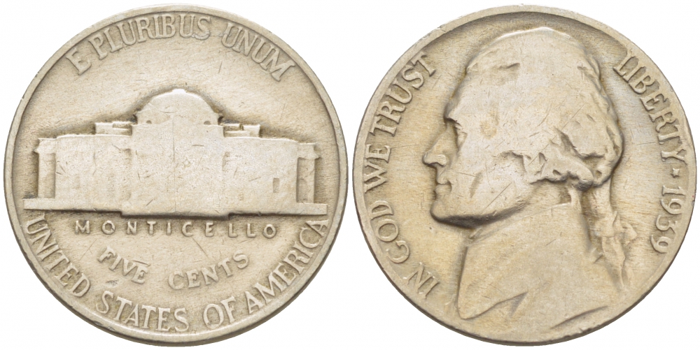 США 5 ЦЕНТОВ 1939 ДЖЕФЕРСОН KM 192 медно-никель 3856-952