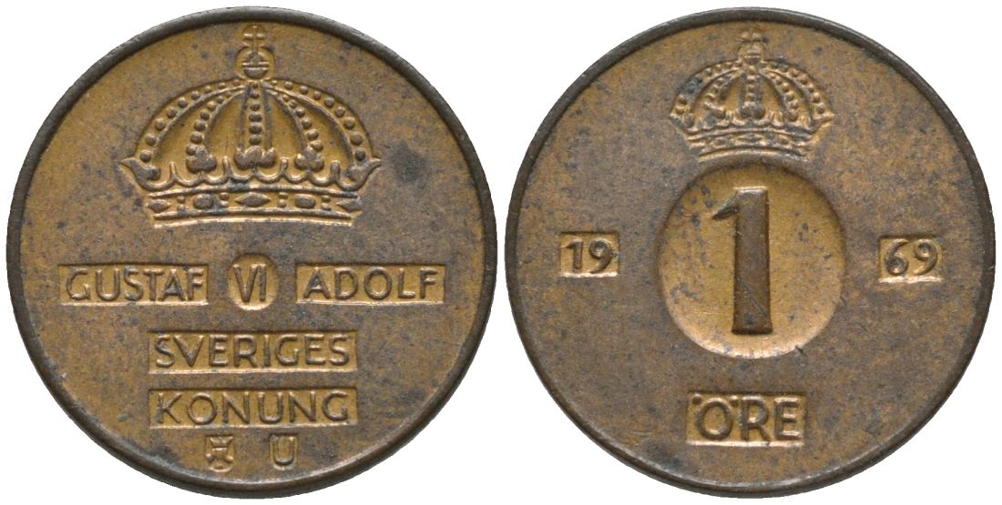 Швеция 1 эре 1969 U, Густав VI Адольф (1950-1973) KM 820 бронза 4387-146