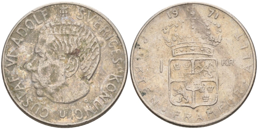 Швеция 1 крона 1971 U, Густав VI Адольф (1950-1973) KM 826а медь плакированная медно-никелем 4557-414