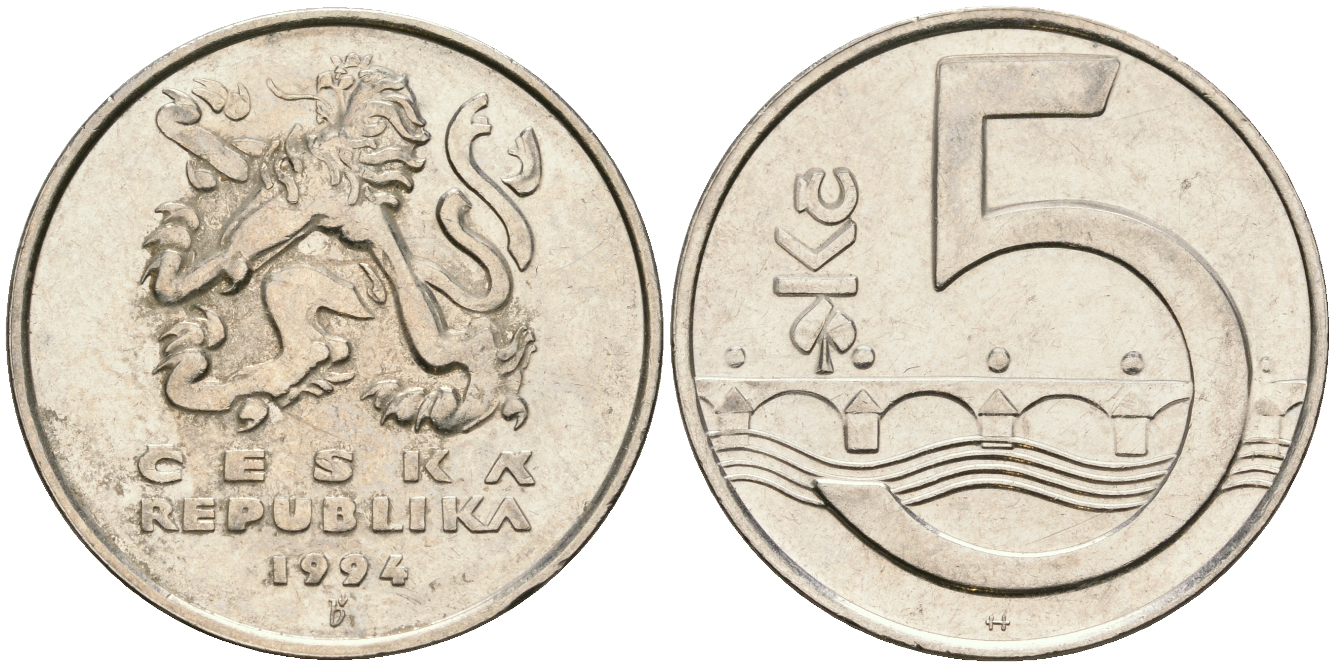 Чехия 5 крон 1994 чешский лев, Карлов мост KM 8 сталь плакированная никелем 08-1131