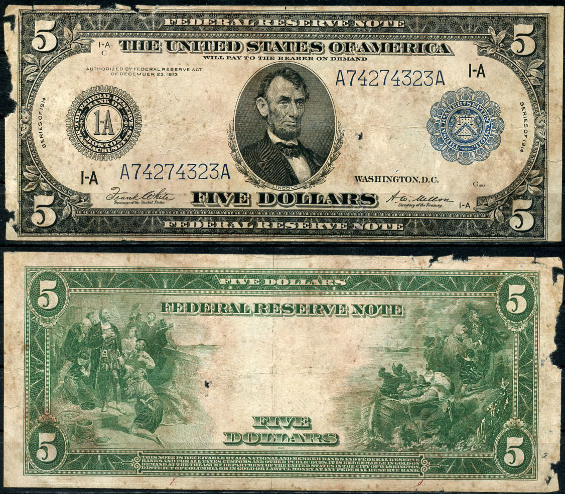 США 5 долларов 1914 Бостон (1-А), Авраам Линкольн, голубая серия, подпись White, Mellon Pick 359 b A(4-1)  бумага   451-643-1-2