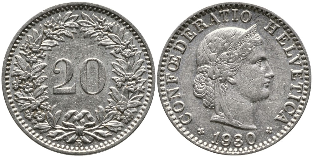 Швейцария 20 раппенов 1930 B KM 29 никель     4539-535