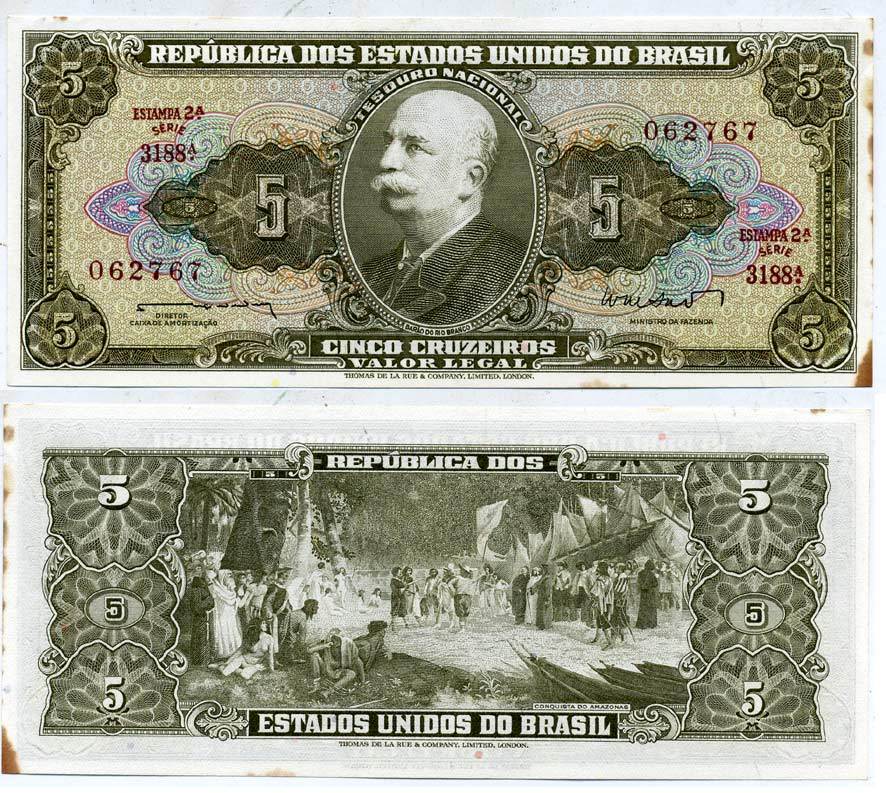 БРАЗИЛИЯ 5 КРУЗЕЙРО 1962 ВЫПУСК 2А, СЕРИЯ 3188А, БАРАО ДО РИО БРАНКО, ПОДПИСЬ 11 Pick 176а бумага аUNC 7551-20-3-1