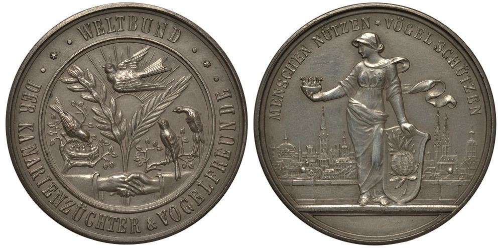 Германия медаль XIX век общество друзей канареек, 40 мм, 24,35 гр. медно-никель 00-000