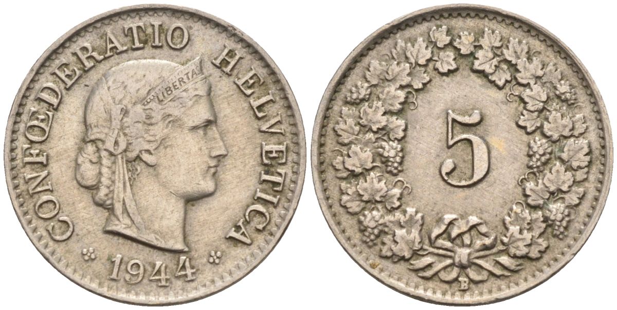 Швейцария 5 раппенов 1944 В KM 26 медно-никель 4594-614