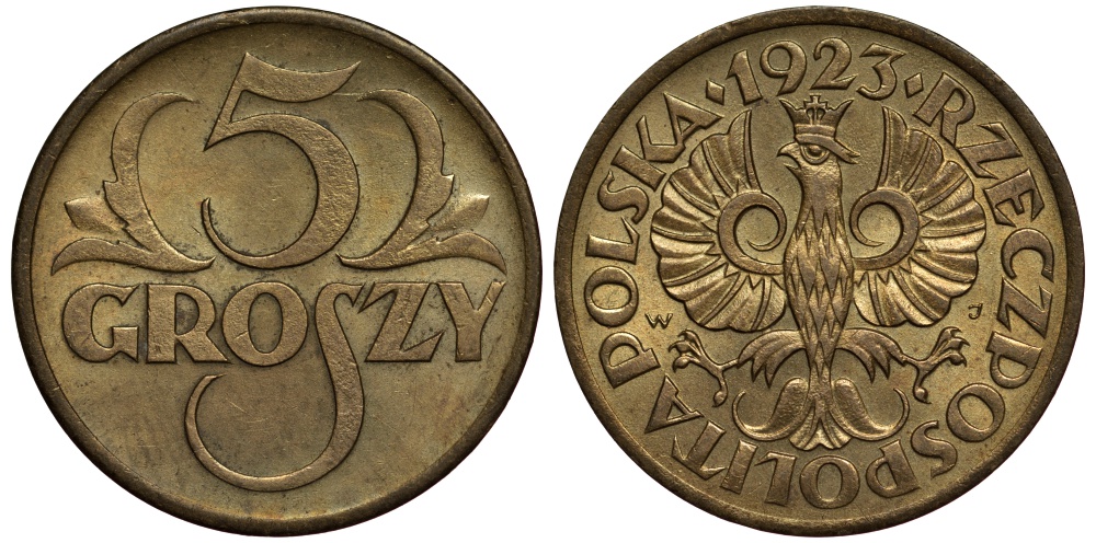 ПОЛЬША 5 ГРОШЕЙ 1923 KM 10 латунь aUNC 441-2434