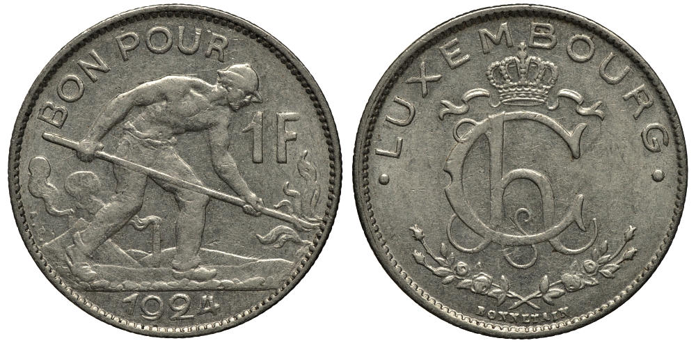 ЛЮКСЕМБУРГ 1 ФРАНК 1924 СТАЛЕВАР KM 35 никель 1520-615