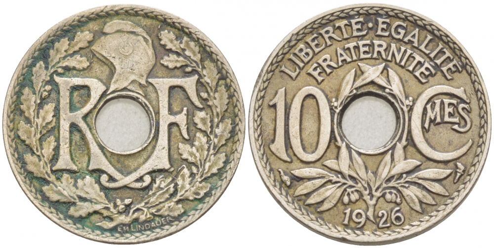 ФРАНЦИЯ 10 САНТИМОВ 1926 ТИП ЛИНДАЙЁ KM 866а, LE FRANC 138.13 медно-никель 4402-753