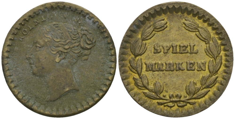 ГЕРМАНИЯ ИГРОВОЙ ЖЕТОН ND SPIEL MARKEN, КОРОЛОЕВА ВИКТОРИЯ желтый металл 99-448