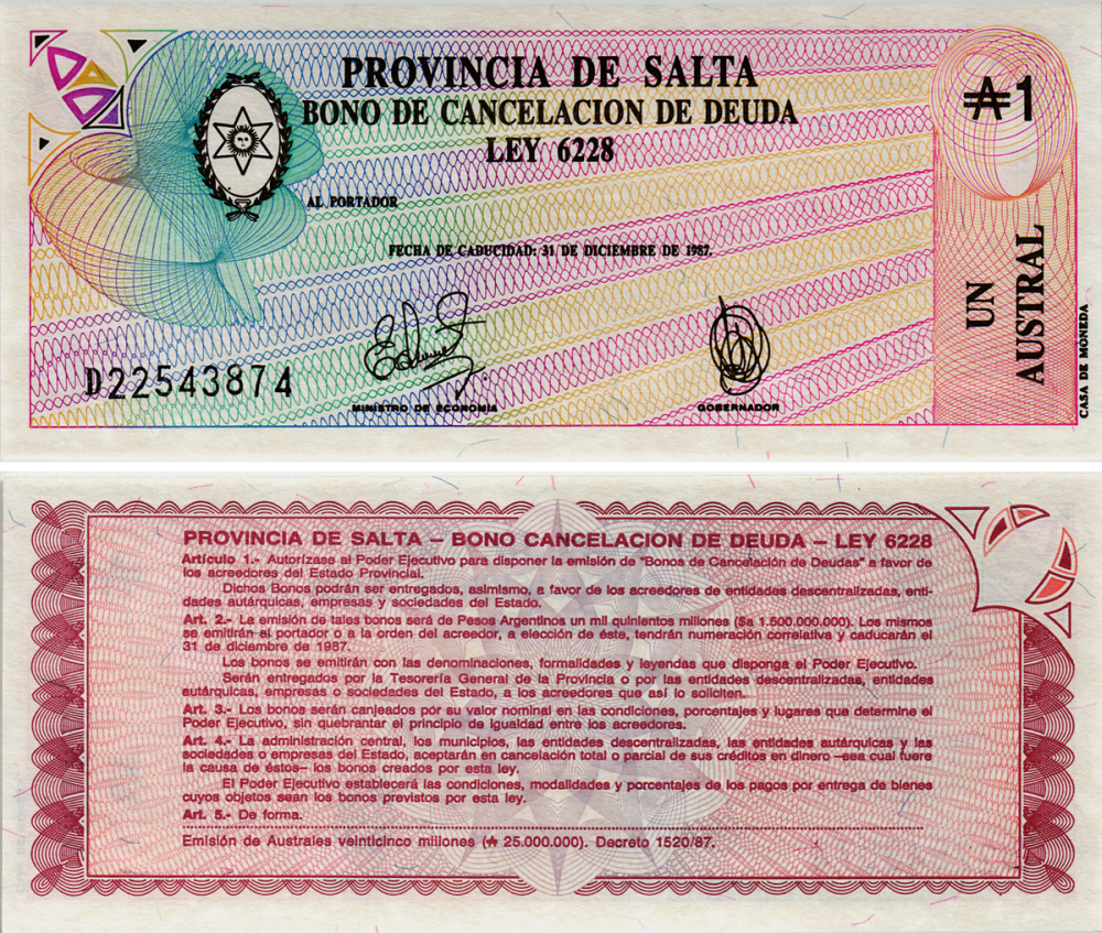 Аргентина, провинция Сальта 1 аустраль 1987 Pick S 2612е бумага UNC (пресс) 6301-10-2-1