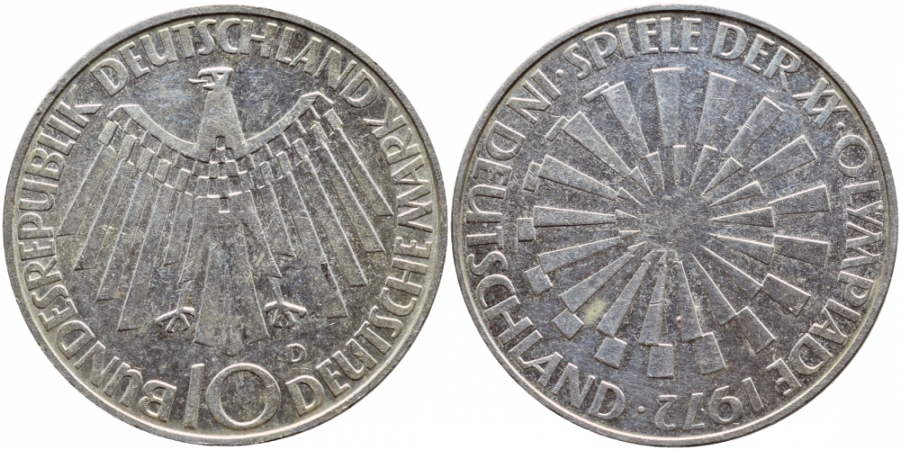 ФРГ 10 МАРОК 1972 D, ОЛИМПИАДА, СПИРАЛЬ KM 130, J.401a серебро UNC 1520-1415